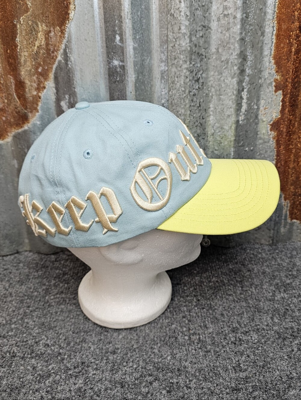 Y2K Streetwear Old English "Out Fake" Two-Tone Hat Blue Yellow